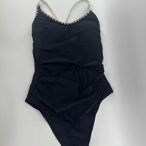 NEW Cupshe Black One Piece Swimsuit Ivory Trim Lace Tie Back Cutout Ruched Med